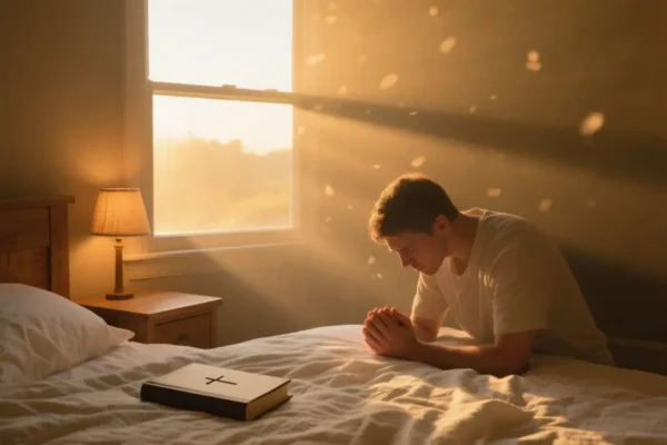 Early morning golden light on a person kneeling beside a bed with hands clasped in prayer, expressing gratitude to God.