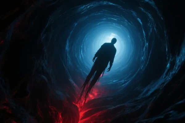 Dark tunnel with ethereal light representing near death experience journey