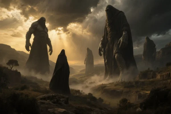 Cinematic depiction of Nephilim giants, towering in shadows with biblical landscapes.