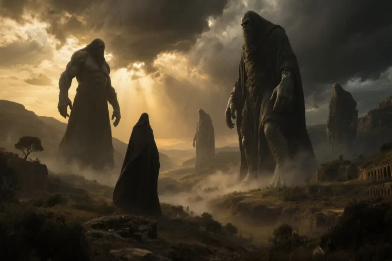 Cinematic depiction of Nephilim giants, towering in shadows with biblical landscapes.