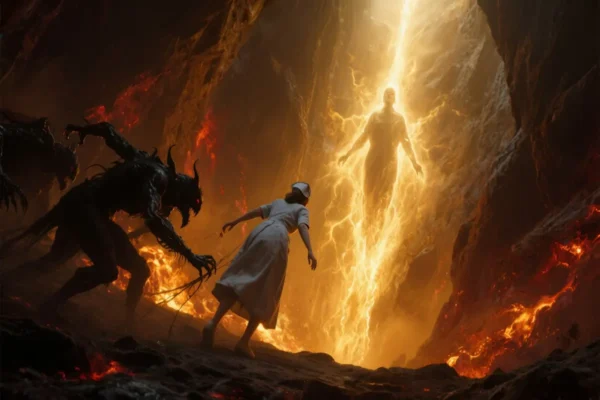 Nurse’s near-death experience of being dragged into hell and rescued by divine light.