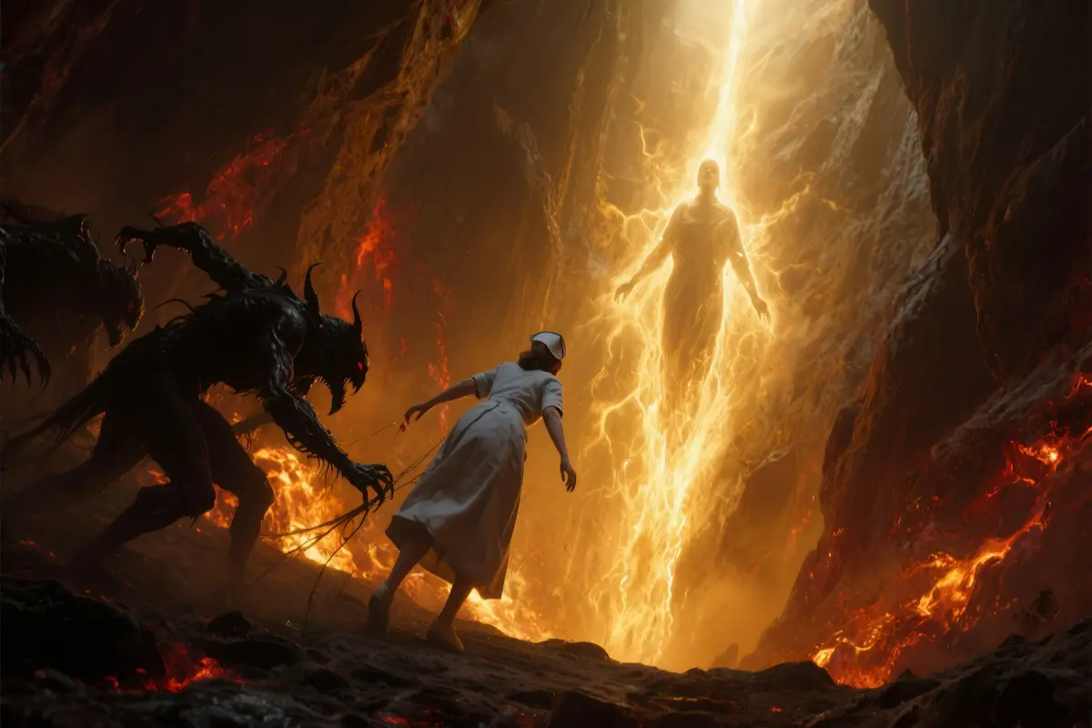 Nurse’s near-death experience of being dragged into hell and rescued by divine light.