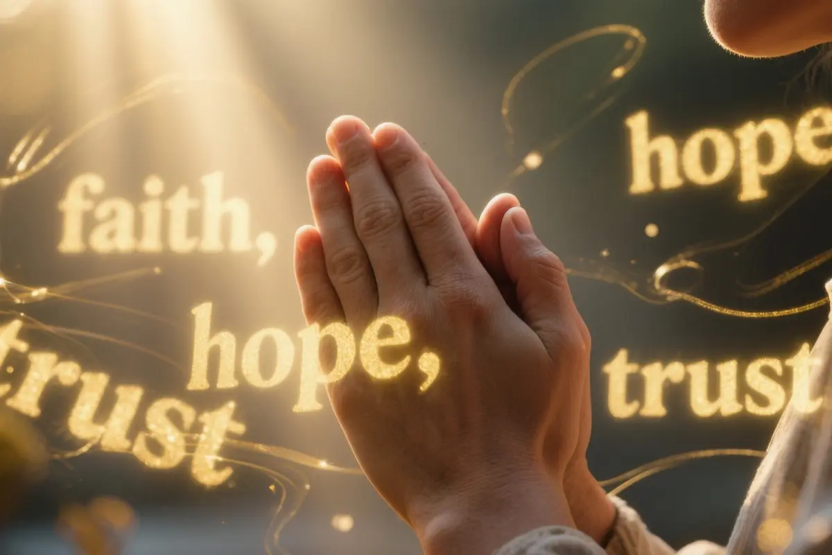 Hands clasped in prayer with glowing words representing faith and hope.