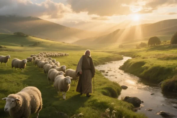 Sunlit green pasture with a gentle shepherd guiding sheep, symbolizing peace and spiritual guidance.