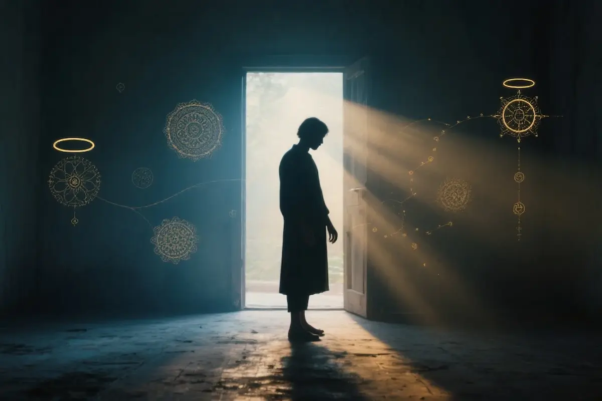 A solitary figure stands in a shadowy room, illuminated by light from an open doorway, symbolizing hope and inner struggle.