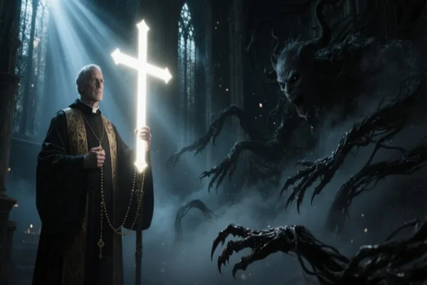 Dramatic illustration of a shadowy spiritual battle with a priest confronting dark forces, evoking mystery and faith.