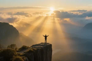 Person standing on a cliff with arms raised at sunrise, symbolizing surrender to God.