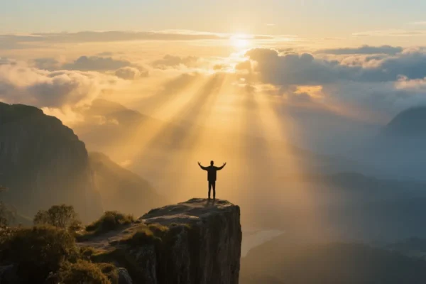 Person standing on a cliff with arms raised at sunrise, symbolizing surrender to God.