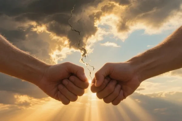 Hands letting go with light breaking through clouds, symbolizing trust lost and hope in God’s wisdom.