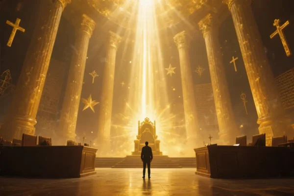 Person standing before divine light representing God's judgment and acceptance through faith