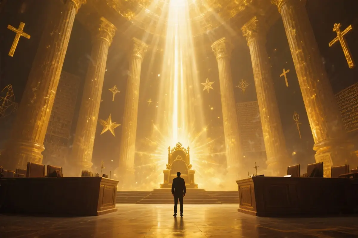 Person standing before divine light representing God's judgment and acceptance through faith