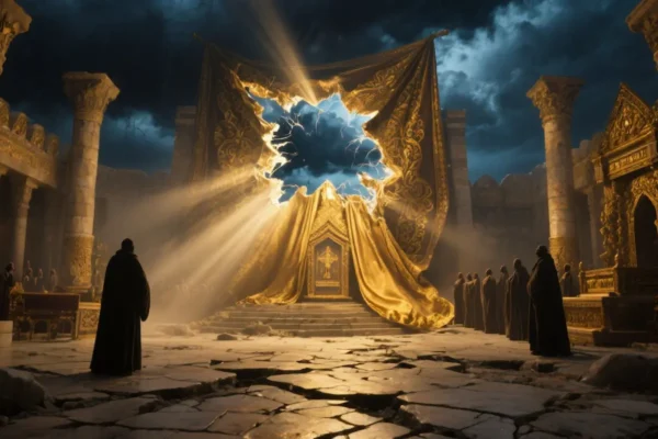 Dramatic depiction of the moment after Jesus’ death, with torn temple veil, darkness, and earthquake imagery.