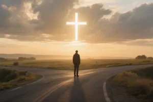 Person at a crossroads at dawn, symbolizing hope and new beginnings after repentance