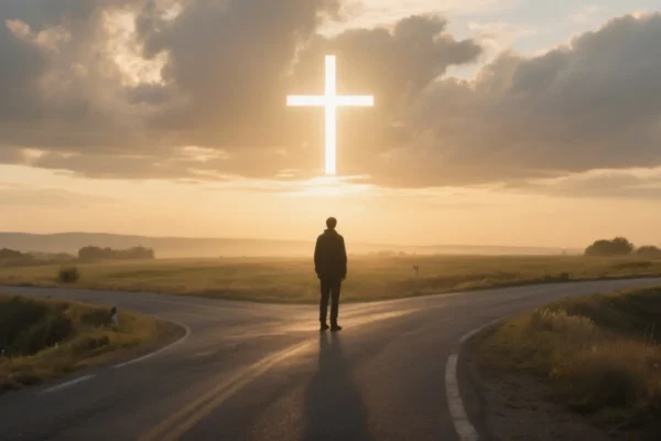 Person at a crossroads at dawn, symbolizing hope and new beginnings after repentance