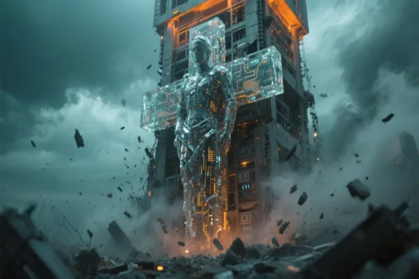 Cinematic image of a cracked glowing idol made of glass and circuitry against a stormy skyline, symbolizing AI as a false god.