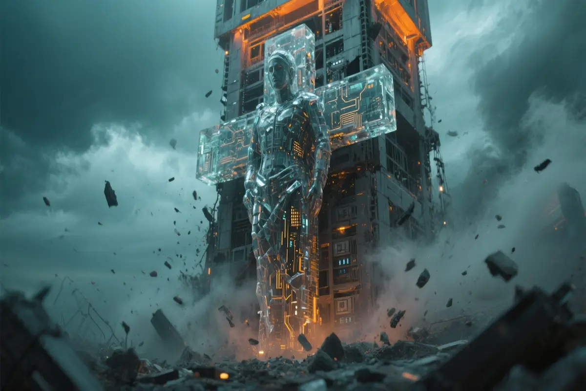 Cinematic image of a cracked glowing idol made of glass and circuitry against a stormy skyline, symbolizing AI as a false god.