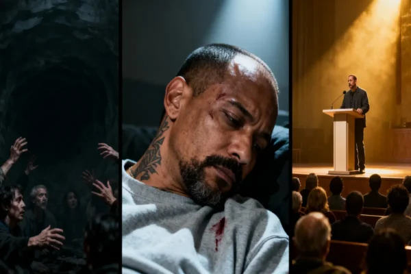 Triptych of a man’s journey: layered darkness and ghostly faces at left, wounded man center, and the same man preaching in warm light at right.