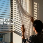 Day 1 Monday Prayers: Strength for Morning, Stress Relief at Work, and Restful Sleep Over-shoulder view at dawn, hands opening curtains, cool light with window-shadow patterns and wide negative space for headline.