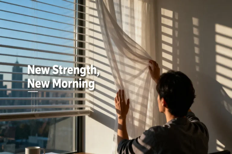 Over-shoulder view at dawn, hands opening curtains, cool light with window-shadow patterns and wide negative space for headline.
