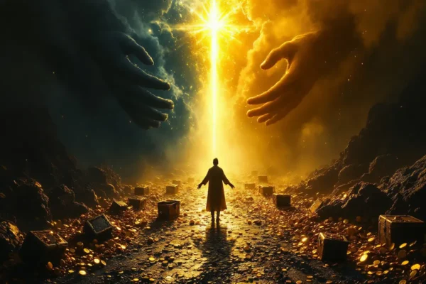 Dramatic cinematic scene contrasting the dark, grasping nature of greed with the open-handed peace of contentment.