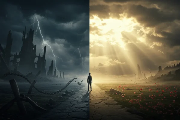 Dramatic cinematic depiction of pride and humility as opposing forces, with a radiant light breaking through darkness