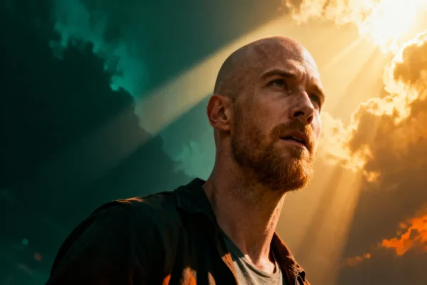 Cinematic hero image depicting modern man's spiritual transformation from darkness to light, representing Brandon's powerful deliverance testimony