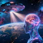 Alien spacecraft beaming advanced AI technology to a glowing human brain against a cosmic galaxy background
