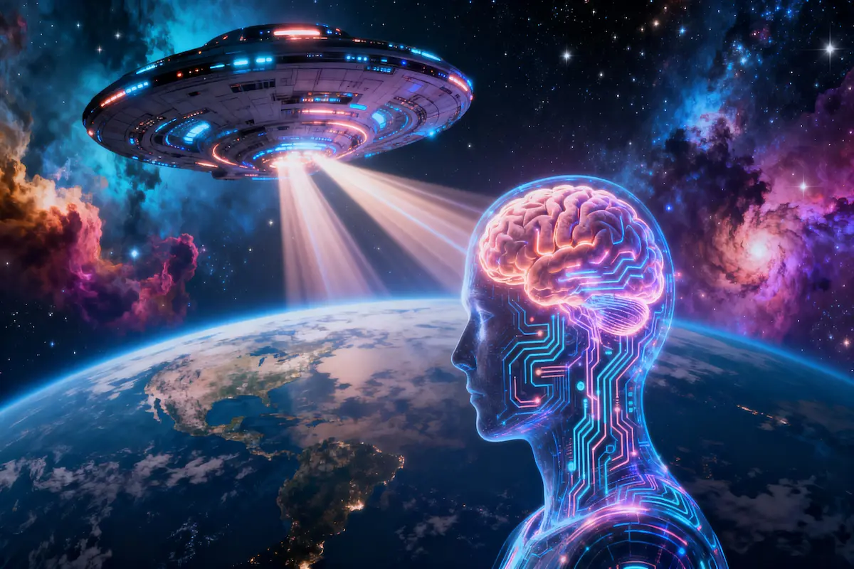 Alien spacecraft beaming advanced AI technology to a glowing human brain against a cosmic galaxy background