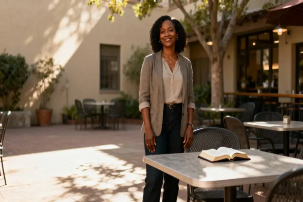 Woman in sunlit courtyard beside a table with open Bible, confident and calm