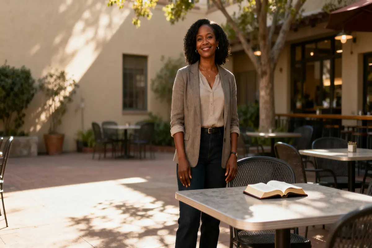 Woman in sunlit courtyard beside a table with open Bible, confident and calm