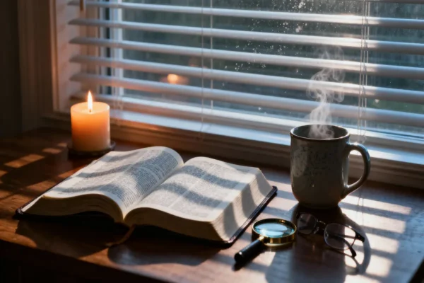 Open Bible, magnifying glass, reading glasses, and candle flame in sharp dawn light with generous copy space.