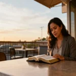 Woman standing by a table with open Bible in sunlit plaza, calm and assured.