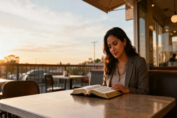 Woman standing by a table with open Bible in sunlit plaza, calm and assured.