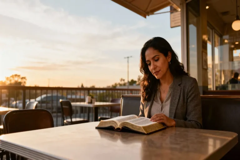 Woman standing by a table with open Bible in sunlit plaza, calm and assured.