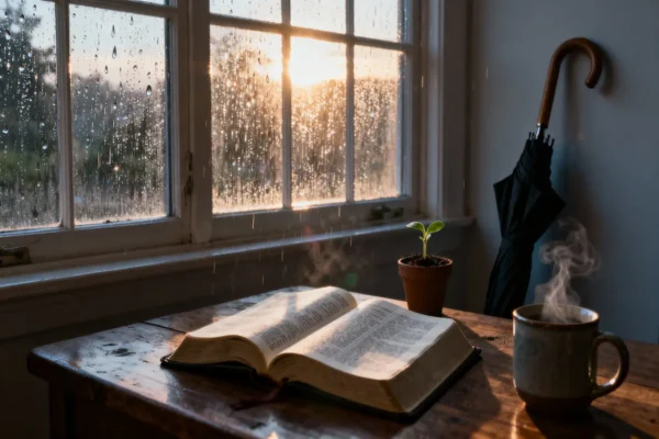Open Bible, umbrella, and seedling plant in strong dawn light with generous copy space.