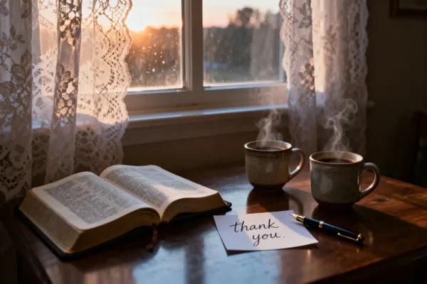 Open Bible, thank-you note, pen, and two coffee cups in warm dawn light with generous copy space.