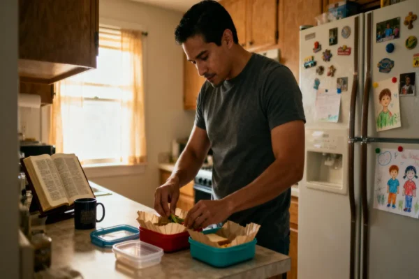 Dad packing lunches with an open Bible on the counter, warm morning light.