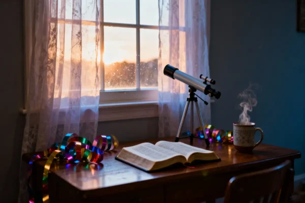 Open Bible, telescope, and celebration streamers in inspiring dawn light with generous copy space.