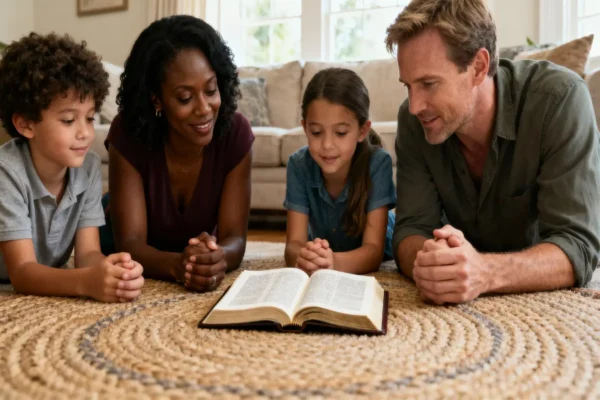 Family prayer circle around an open Bible in warm morning light.