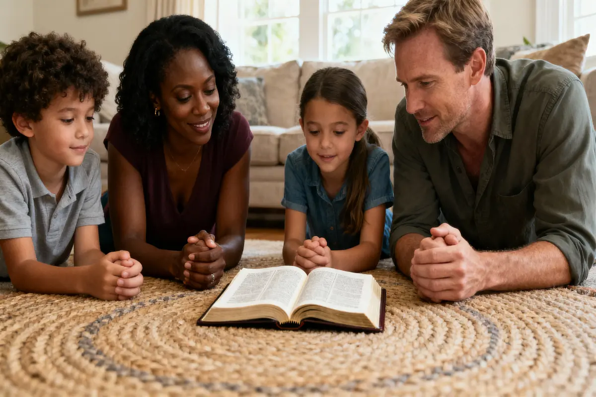 Family prayer circle around an open Bible in warm morning light.
