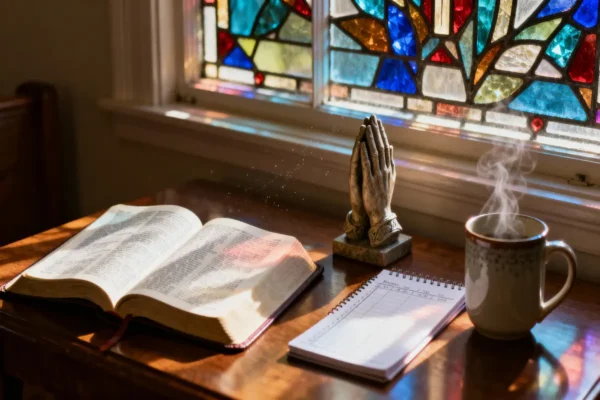 Open Bible, joined hands sculpture, and weekly planner in reverent dawn light with generous copy space.
