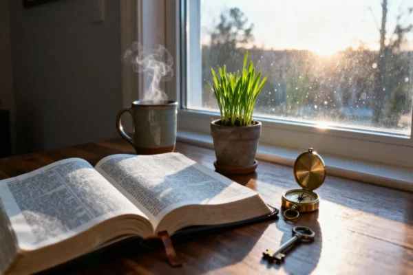 Open Bible, compass, and growing plant in energizing dawn light with generous copy space.