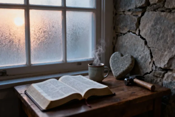 Open Bible, heart-shaped stone, and small hammer with wall fragment in tender dawn light with generous copy space.