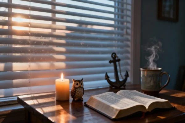 Open Bible, owl figurine, candle flame, and small anchor in thoughtful dawn light with generous copy space.