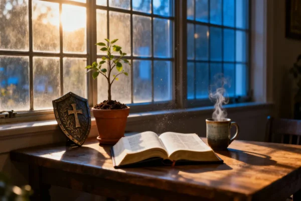 Open Bible, shield ornament, and tree sapling in secure dawn light with generous copy space.