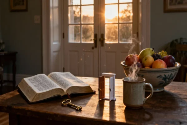 Open Bible, vintage key, door miniature, and overflowing fruit bowl in hopeful dawn light with generous copy space.