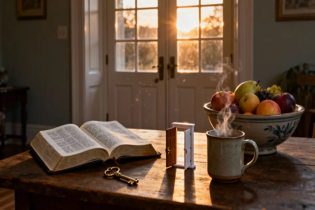 Open Bible, vintage key, door miniature, and overflowing fruit bowl in hopeful dawn light with generous copy space.