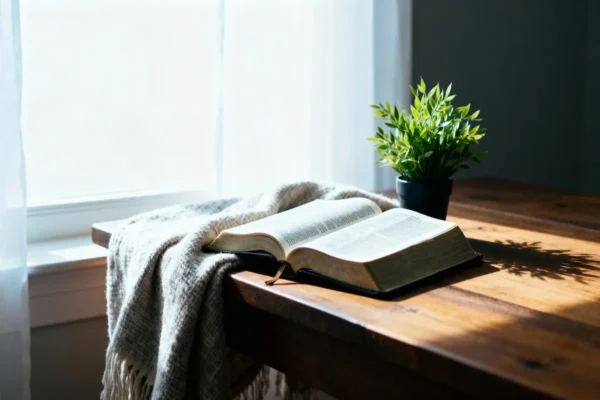 Open Bible near a bright window with plant and blanket, ample copy space.