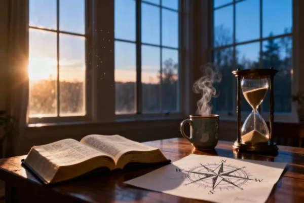 Open Bible, compass rose drawing, and flowing hourglass in meaningful dawn light with generous copy space.