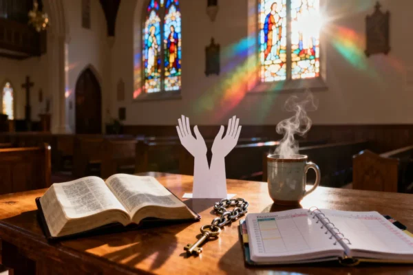 Open Bible, raised hands cutout, chain links, and weekly planner in reverent dawn light with generous copy space.
